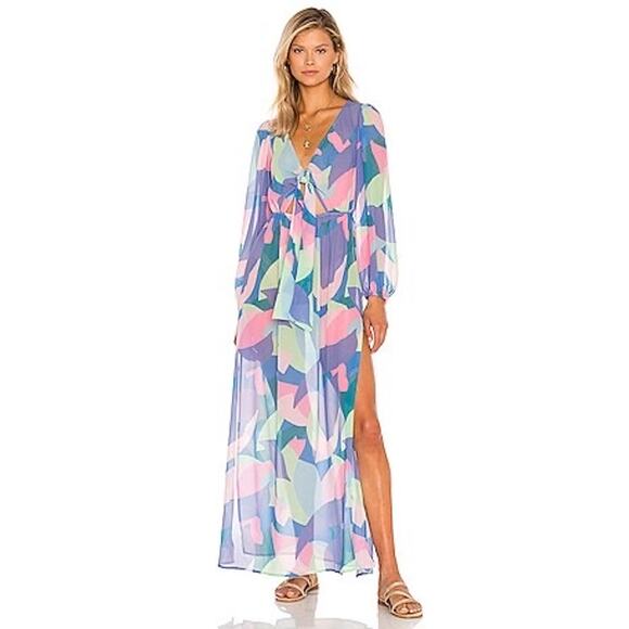 Beach Riot Shiloh Printed Long Sleeve V-Neck Tie Front Coverup Maxi Dress Small - Picture 1 of 10
